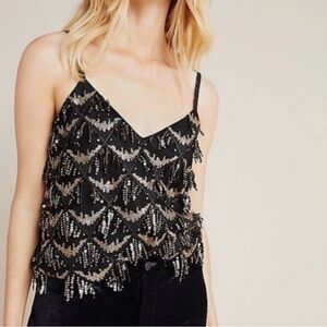 Anthropologie Porridge Sequin Embellished Black and Silver Top